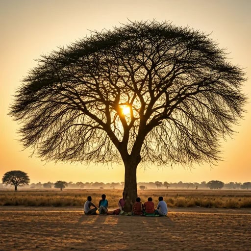 Indian rural community gathering under a tree during sunset
